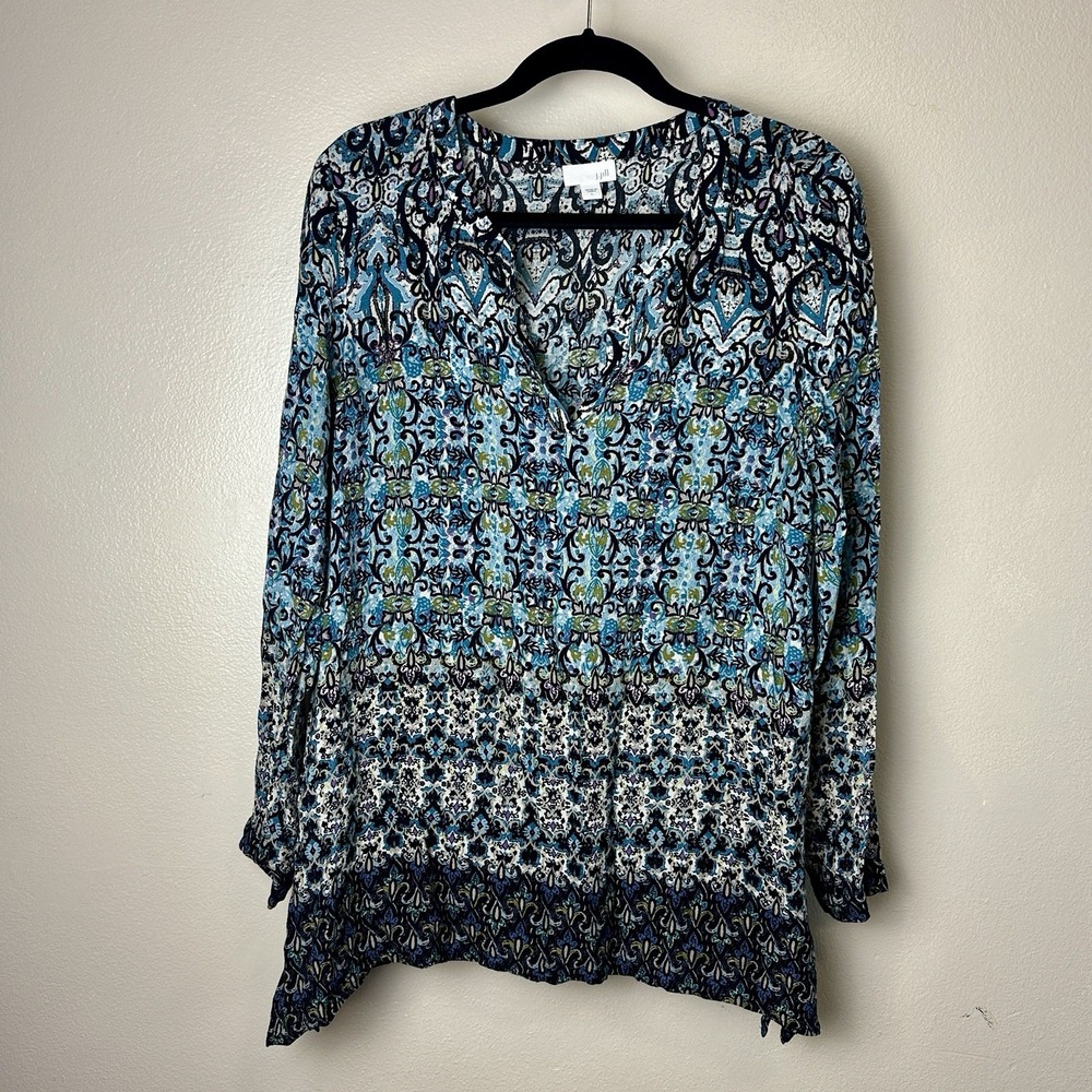 J Jill Women's Large V-Neck Paisley Floral Long Sleeve Pullover Tunic Blouse